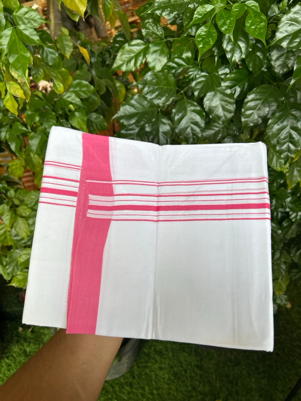 Pure White Double 20% Discount! KaithariKada 100% Cotton Pure Cotton Double Mundu / Dhoti - 100x80 - 1.5 inch Pink White Stripes Shaded Kara 3.80 meter (8 muzham) - 106 KK5220 THI