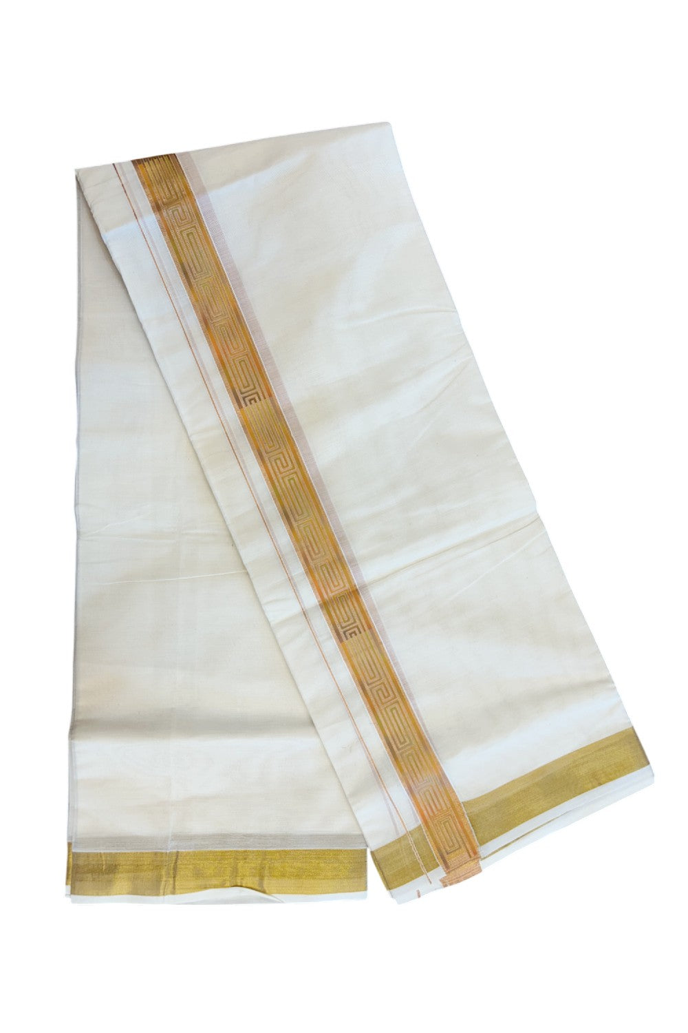 20% Discount!! KaithariKada Balaramapuram Mixed Cotton DOUBLE OFF WHITE - (Unbleached) Mundu/Dhoti - 80x72 - 1.25 inch Kasavu Mustard Yellow & light green pattern printed Kara - 106KK5227 PMC
