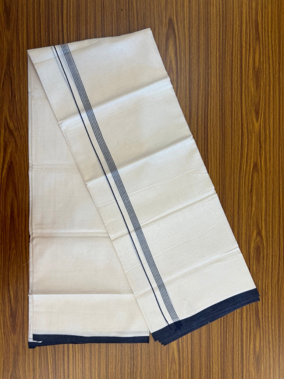 20% Discount! KaithariKada 100% Cotton Off white Double Mundu/Dhoti - (100x80)S - 0.5 inch Navy Blue Striped Kara - 4mtr (8.5muzham) - 106 KK5255 VAS