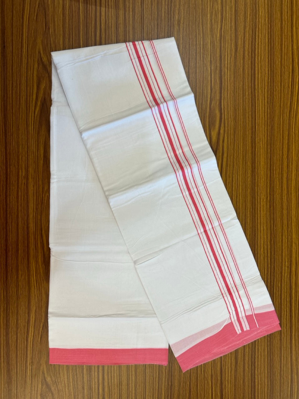 Pure White Double 20% Discount! KaithariKada 100% Cotton Pure Cotton Double Mundu / Dhoti - 100x80 - 1.5 inch Pink White Stripes Shaded Kara 3.80 meter (8 muzham) - 106 KK5220 THI