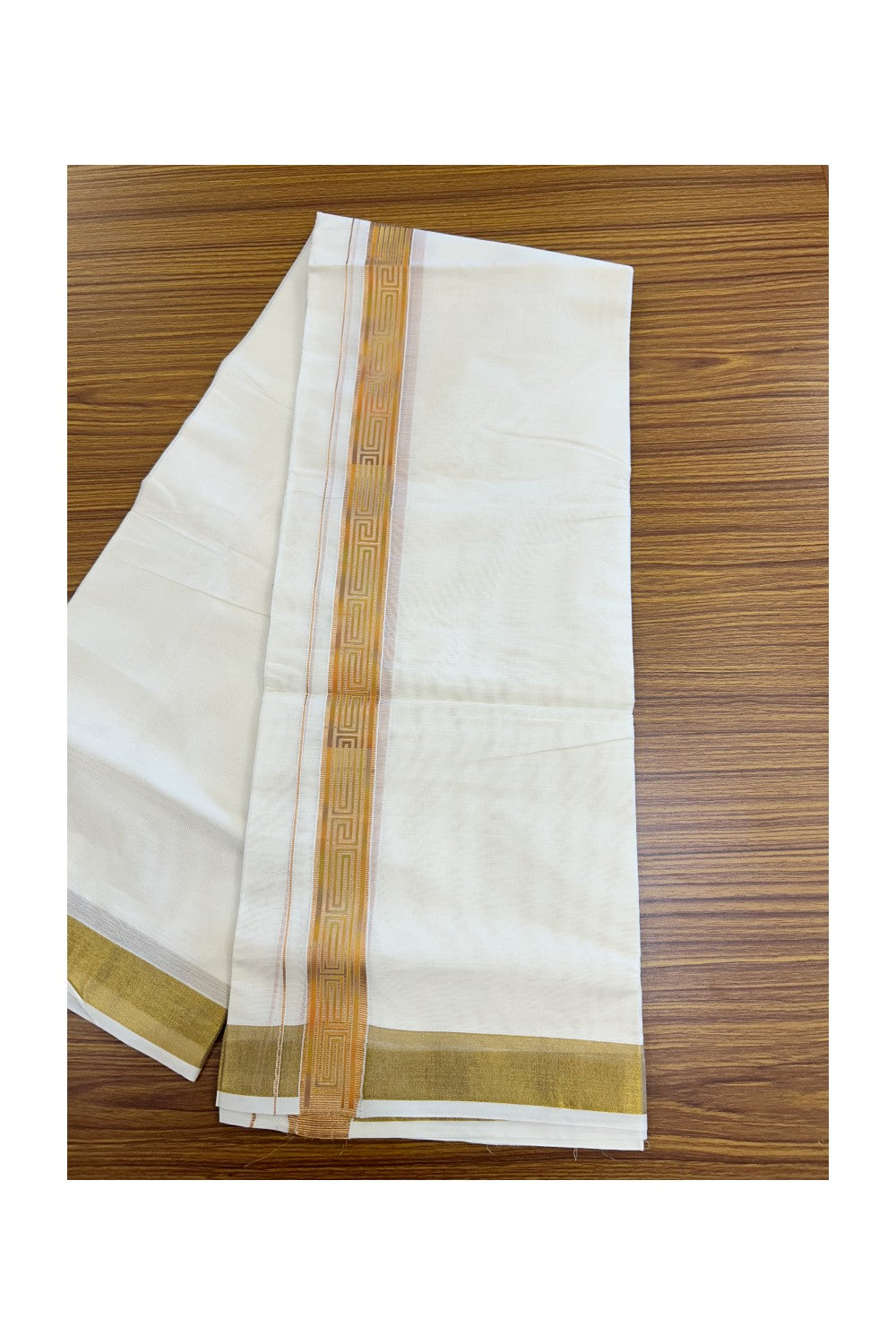 20% Discount!! KaithariKada Balaramapuram Mixed Cotton DOUBLE OFF WHITE - (Unbleached) Mundu/Dhoti - 80x72 - 1.25 inch Kasavu Mustard Yellow & light green pattern printed Kara - 106KK5227 PMC
