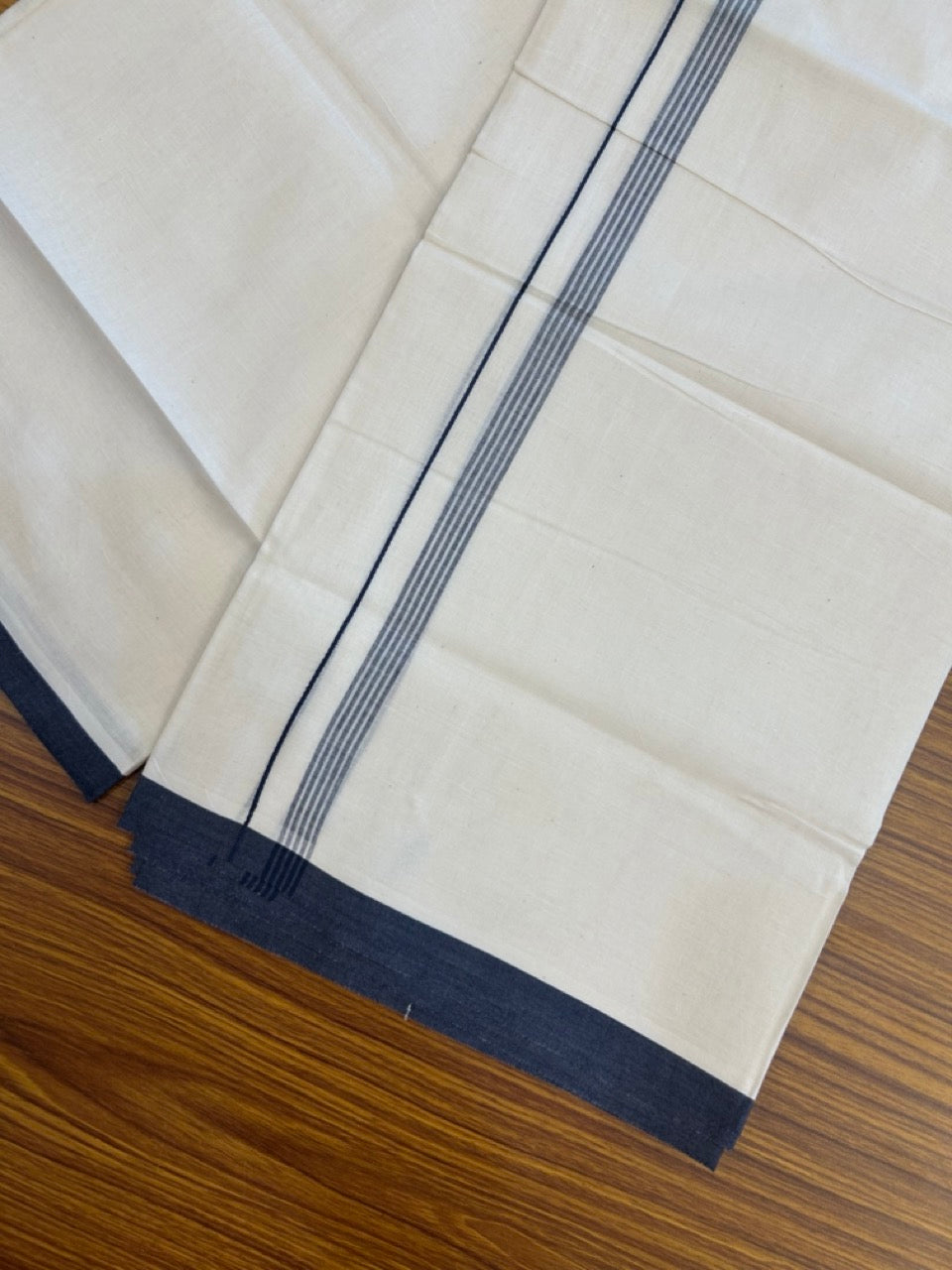 20% Discount! KaithariKada 100% Cotton Off white Double Mundu/Dhoti - (100x80)S - 0.5 inch Navy Blue Striped Kara - 4mtr (8.5muzham) - 106 KK5255 VAS
