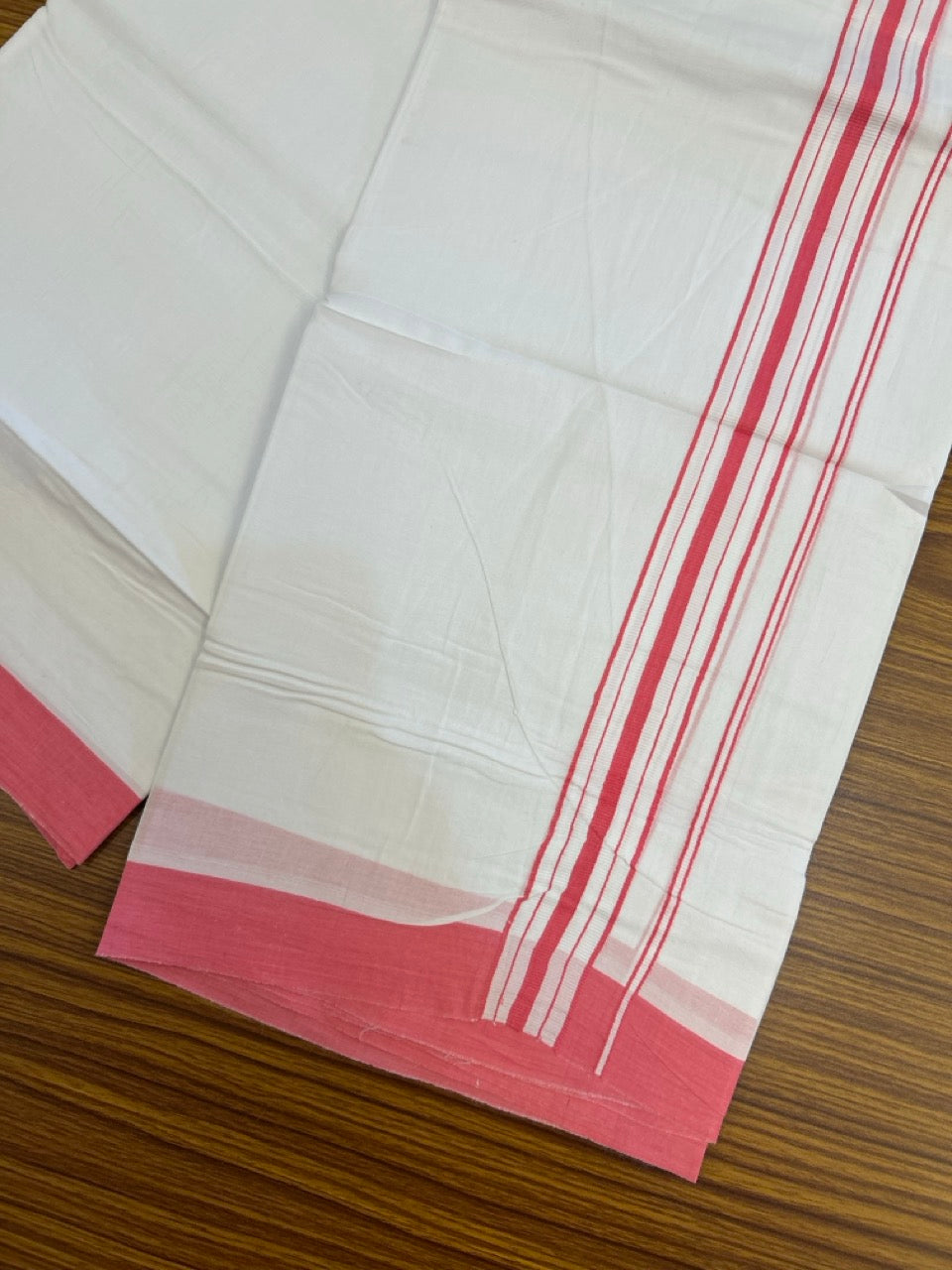 Pure White Double 20% Discount! KaithariKada 100% Cotton Pure Cotton Double Mundu / Dhoti - 100x80 - 1.5 inch Pink White Stripes Shaded Kara 3.80 meter (8 muzham) - 106 KK5220 THI