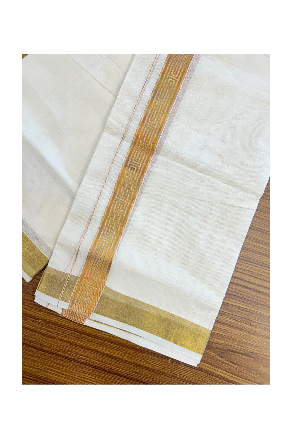 20% Discount!! KaithariKada Balaramapuram Mixed Cotton DOUBLE OFF WHITE - (Unbleached) Mundu/Dhoti - 80x72 - 1.25 inch Kasavu Mustard Yellow & light green pattern printed Kara - 106KK5227 PMC