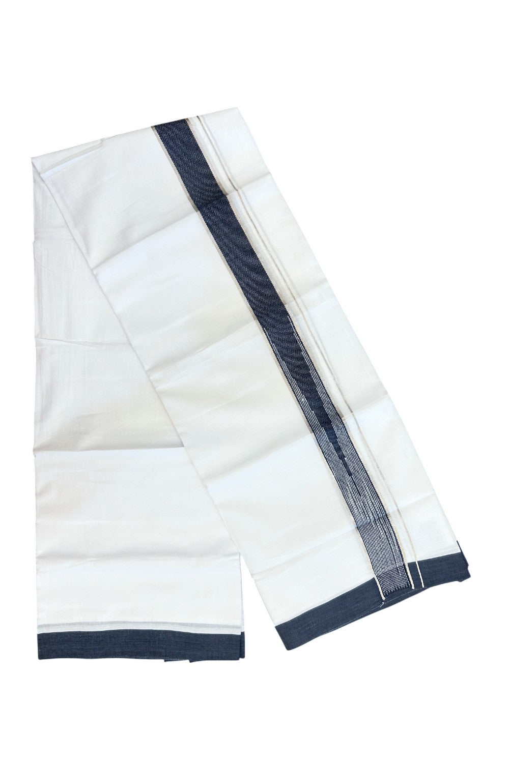 20% Discount ! Kaitharikada Balaramapuram 100% Cotton PURE WHITE Double Mundu/Dothi - 100x80 - 1.75 inch Puliyilakkara Silver Kasav & Black Stripes Chutty Kara 4 mtr (8.5 muzham) - 106KK5220 THI