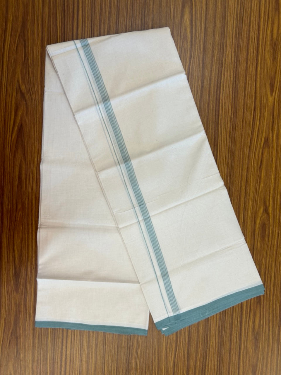 20% Discount! KaithariKada 100% Cotton Off white Double Mundu/Dhoti - (100x80)S - 0.5 inch Cyan Striped Kara - 4mtr (8.5muzham) - 107 KK5255 VAS