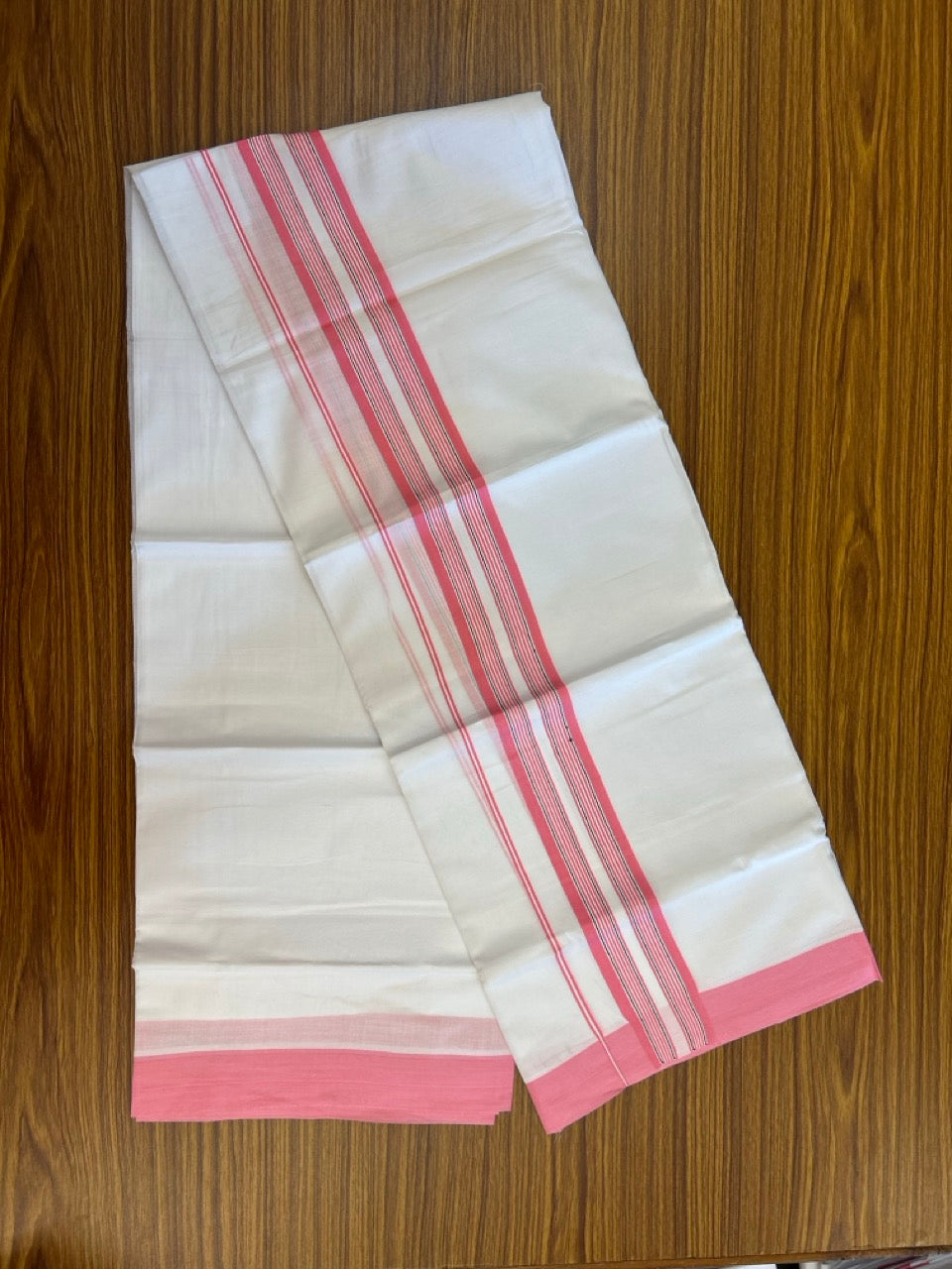 Pure White Double 20% Discount! KaithariKada 100% Cotton Pure Cotton Double Mundu / Dhoti - 100x80 - 2 inch Pink White Black Stripes Shaded Kara 3.80 meter (8 muzham) - 107 KK5220 THI
