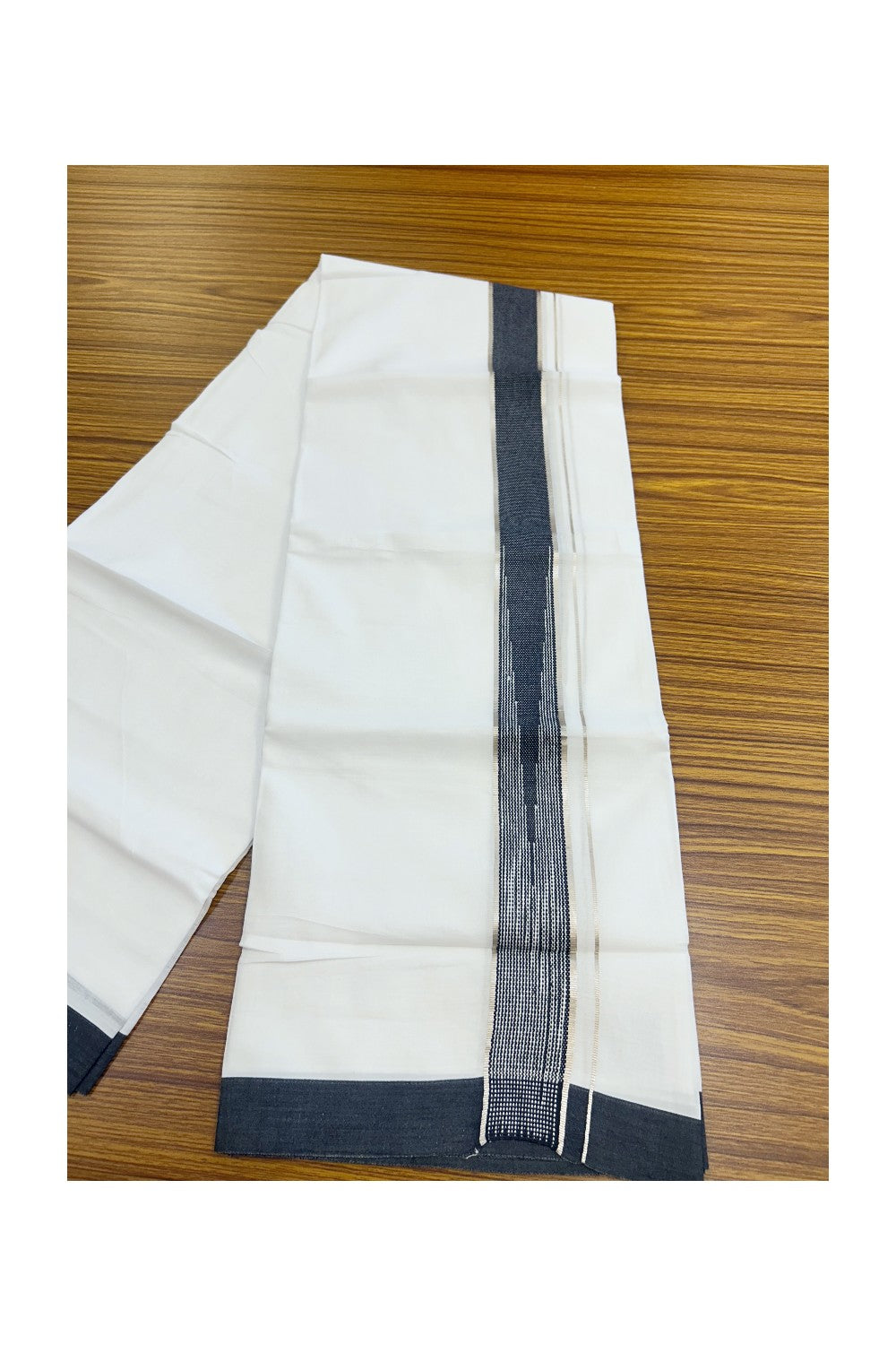 20% Discount ! Kaitharikada Balaramapuram 100% Cotton PURE WHITE Double Mundu/Dothi - 100x80 - 1.75 inch Puliyilakkara Silver Kasav & Black Stripes Chutty Kara 4 mtr (8.5 muzham) - 106KK5220 THI
