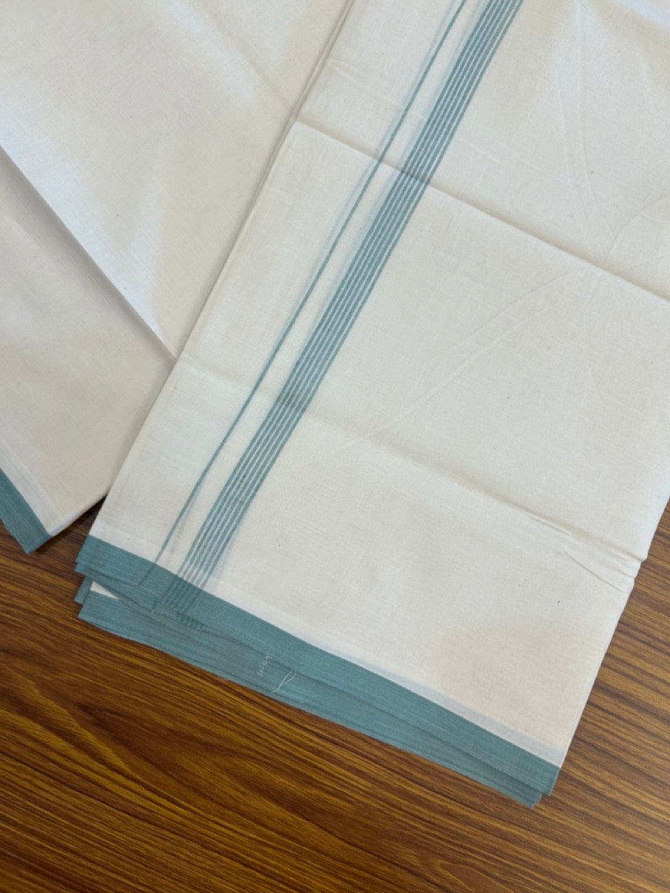 20% Discount! KaithariKada 100% Cotton Off white Double Mundu/Dhoti - (100x80)S - 0.5 inch Cyan Striped Kara - 4mtr (8.5muzham) - 107 KK5255 VAS