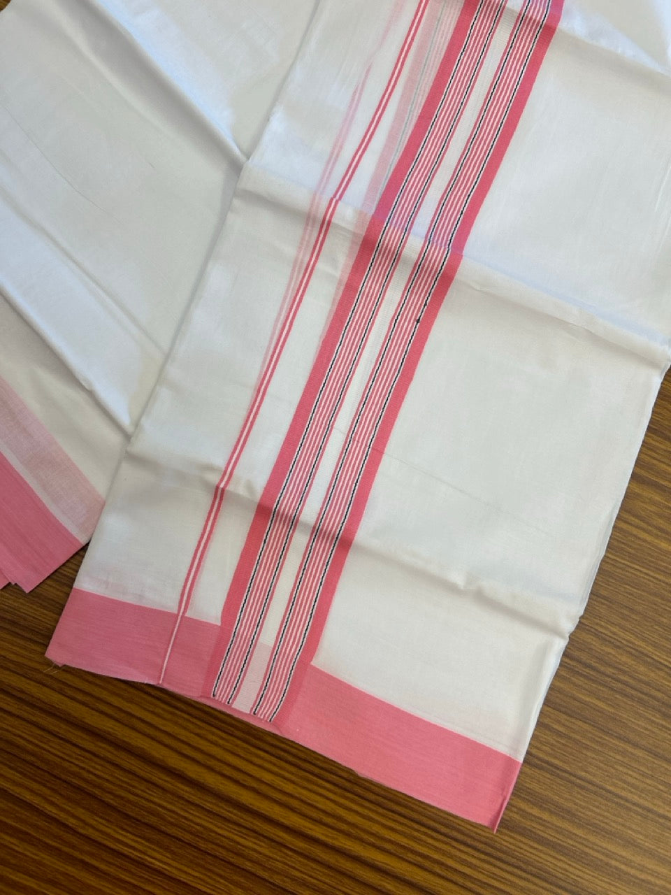 Pure White Double 20% Discount! KaithariKada 100% Cotton Pure Cotton Double Mundu / Dhoti - 100x80 - 2 inch Pink White Black Stripes Shaded Kara 3.80 meter (8 muzham) - 107 KK5220 THI