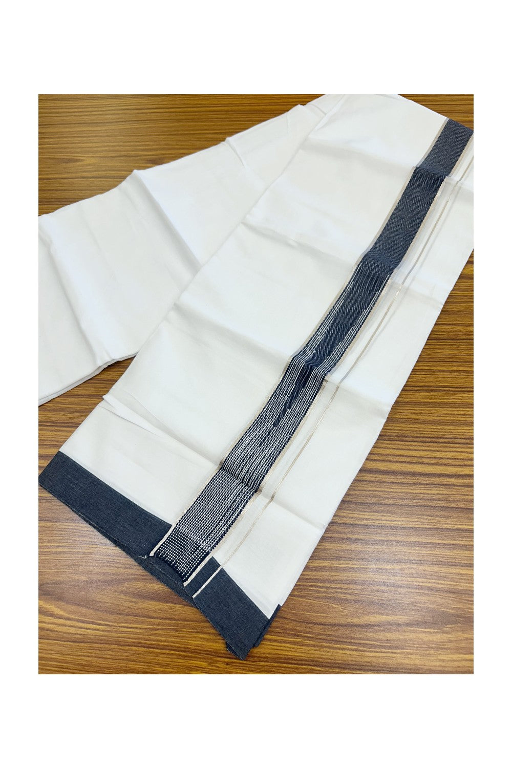 20% Discount ! Kaitharikada Balaramapuram 100% Cotton PURE WHITE Double Mundu/Dothi - 100x80 - 1.75 inch Puliyilakkara Silver Kasav & Black Stripes Chutty Kara 4 mtr (8.5 muzham) - 106KK5220 THI