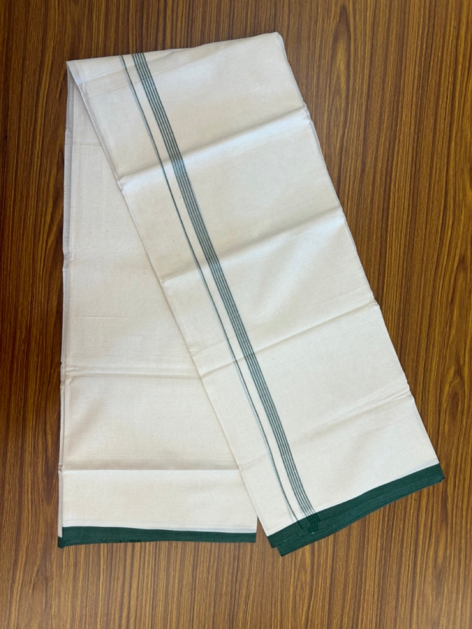 20% Discount! KaithariKada 100% Cotton Off white Double Mundu/Dhoti - (100x80)S - 0.5 inch Dark Green Striped Kara - 4mtr (8.5muzham) - 108 KK5255 VAS