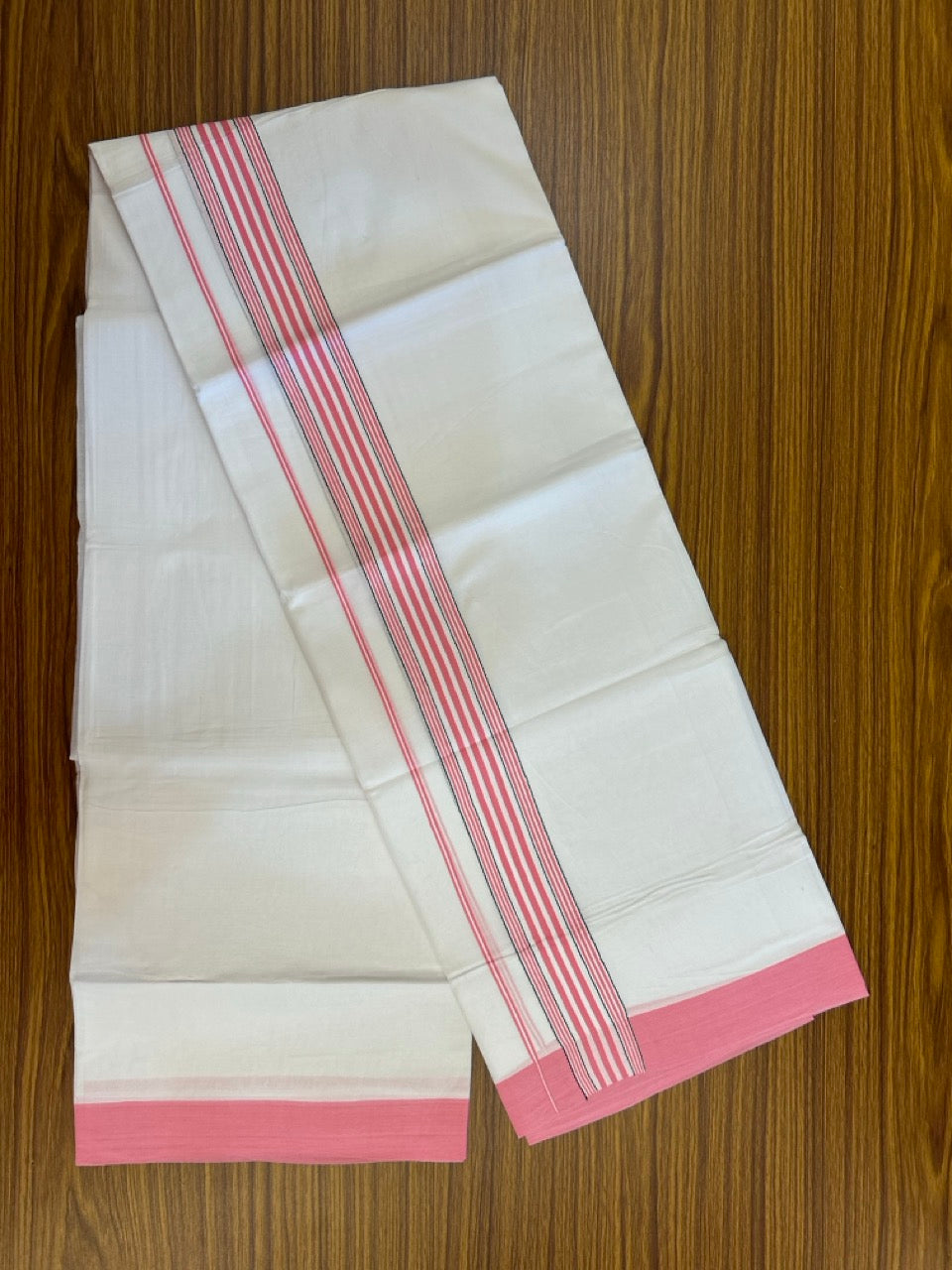 Pure White Double 20% Discount! KaithariKada 100% Cotton Pure Cotton Double Mundu / Dhoti - 100x80 - 2 inch Pink White Black Stripes Shaded Kara 3.80 meter (8 muzham) - 108 KK5220 THI