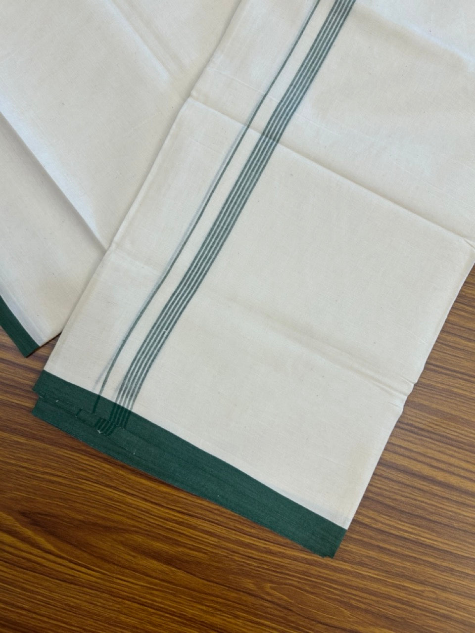 20% Discount! KaithariKada 100% Cotton Off white Double Mundu/Dhoti - (100x80)S - 0.5 inch Dark Green Striped Kara - 4mtr (8.5muzham) - 108 KK5255 VAS