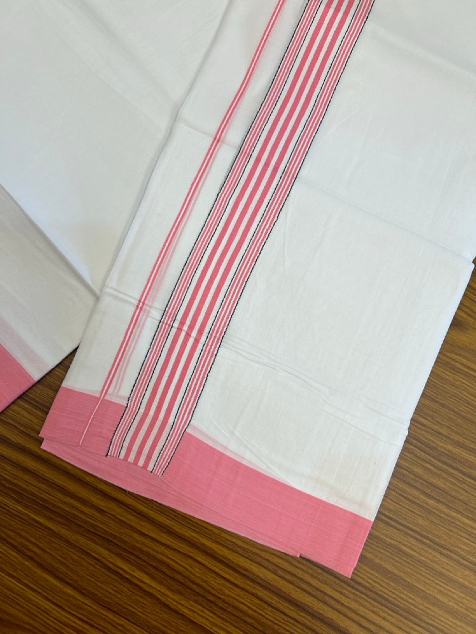 Pure White Double 20% Discount! KaithariKada 100% Cotton Pure Cotton Double Mundu / Dhoti - 100x80 - 2 inch Pink White Black Stripes Shaded Kara 3.80 meter (8 muzham) - 108 KK5220 THI