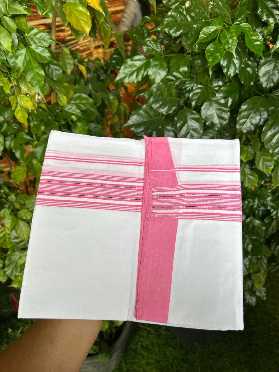 Pure White Double 20% Discount! KaithariKada 100% Cotton Pure Cotton Double Mundu / Dhoti - 100x80 - 2 inch Pink White Black Stripes Shaded Kara 3.80 meter (8 muzham) - 109 KK5220 THI