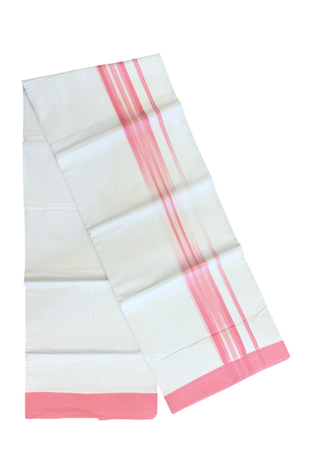 20% Discount ! Kaitharikada Balaramapuram 100% Cotton PURE WHITE Double RAINBOW Mundu/Dothi - 100x80 - 1.75 inch Pink Stripes Kara 3.80 mtr (8 muzham) - 108KK5220 THI