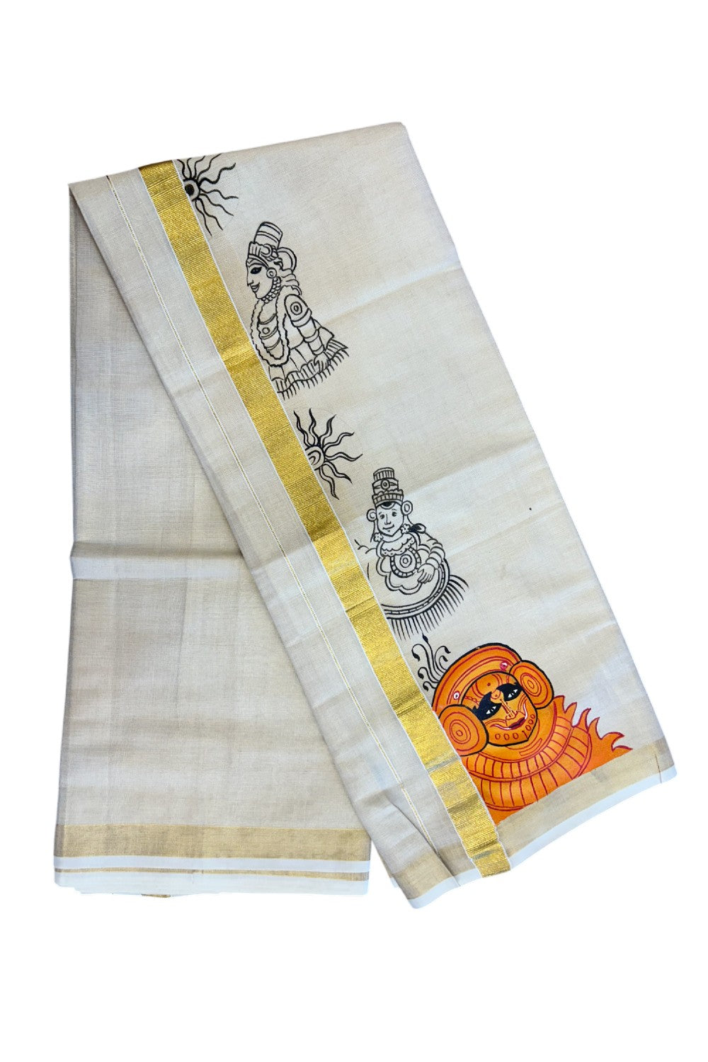 20% Discount! KaithariKada Balaramapuram 100% Cotton 80x72 - Gold Kasavu TISSUE Double Dhoti/Mund Theyyam Hand painted Mural design - 109KK5227 PMC