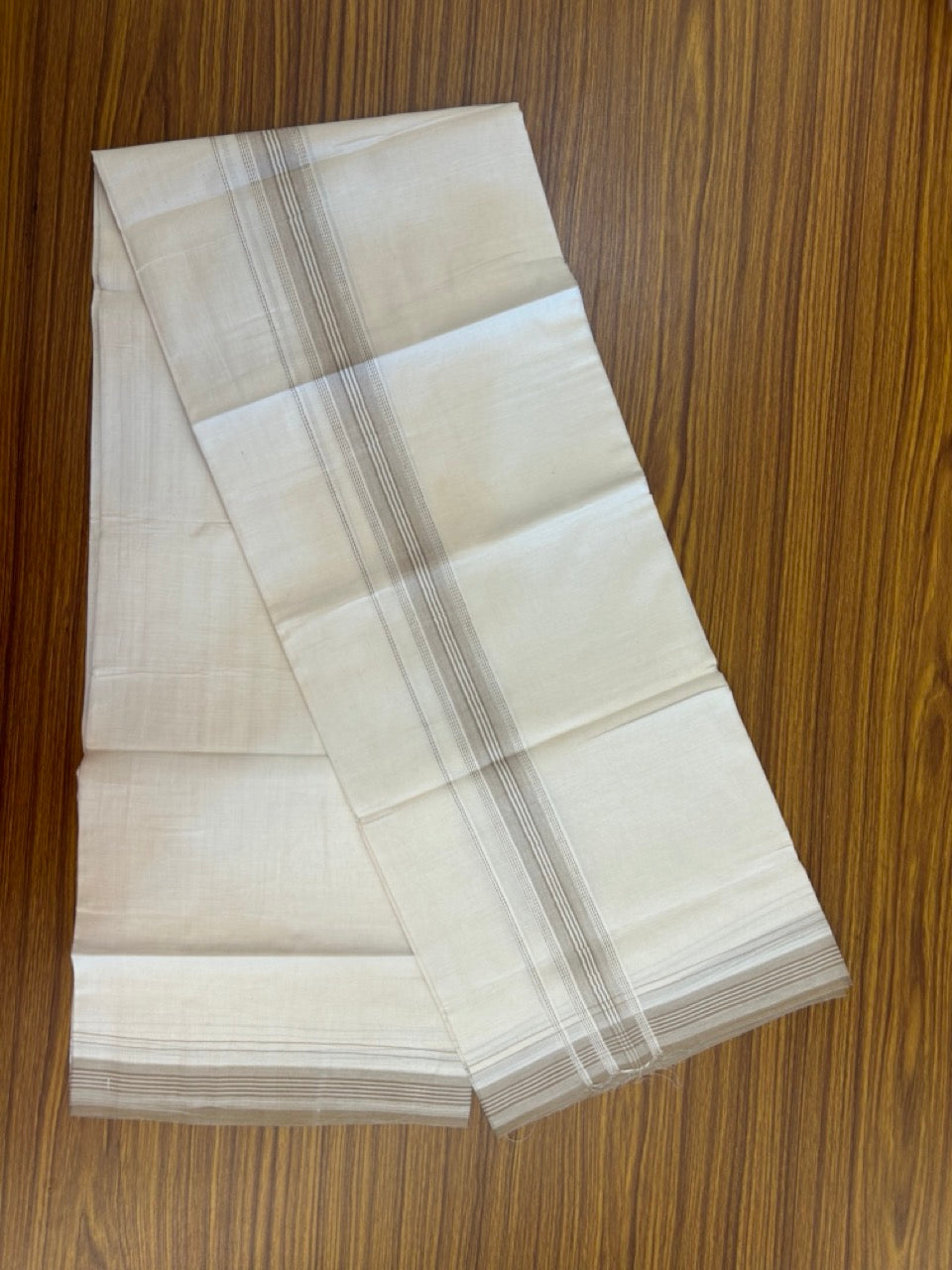 20% Discount! KaithariKada Balaramapuram 100% Cotton Off white Double Mundu/Dhoti - (100x80)S - 1.5 inch Beige Brown Striped Kara - 4mtr (8.5muzham) - 109 KK5255 VAS