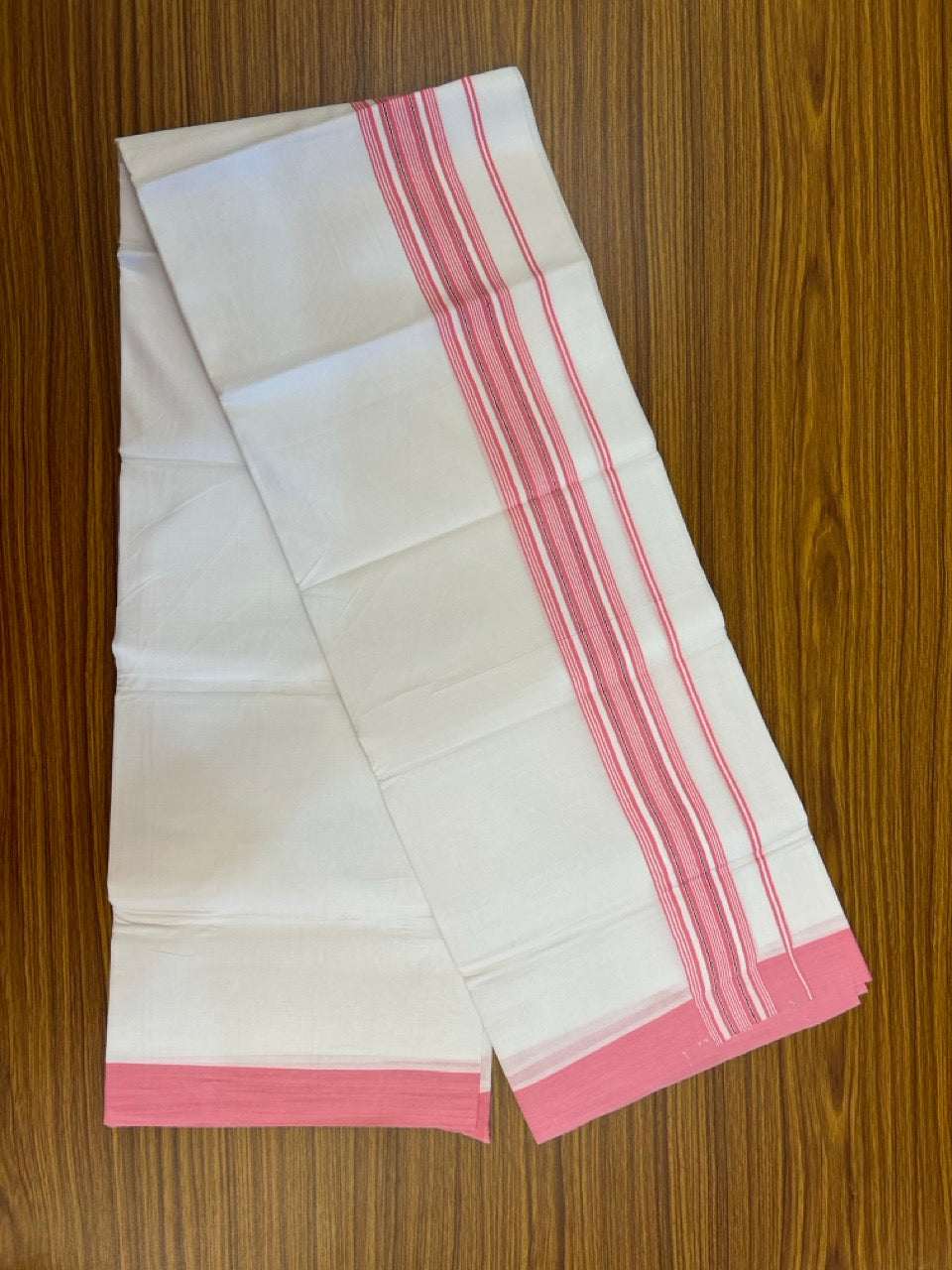 Pure White Double 20% Discount! KaithariKada 100% Cotton Pure Cotton Double Mundu / Dhoti - 100x80 - 2 inch Pink White Black Stripes Shaded Kara 3.80 meter (8 muzham) - 109 KK5220 THI