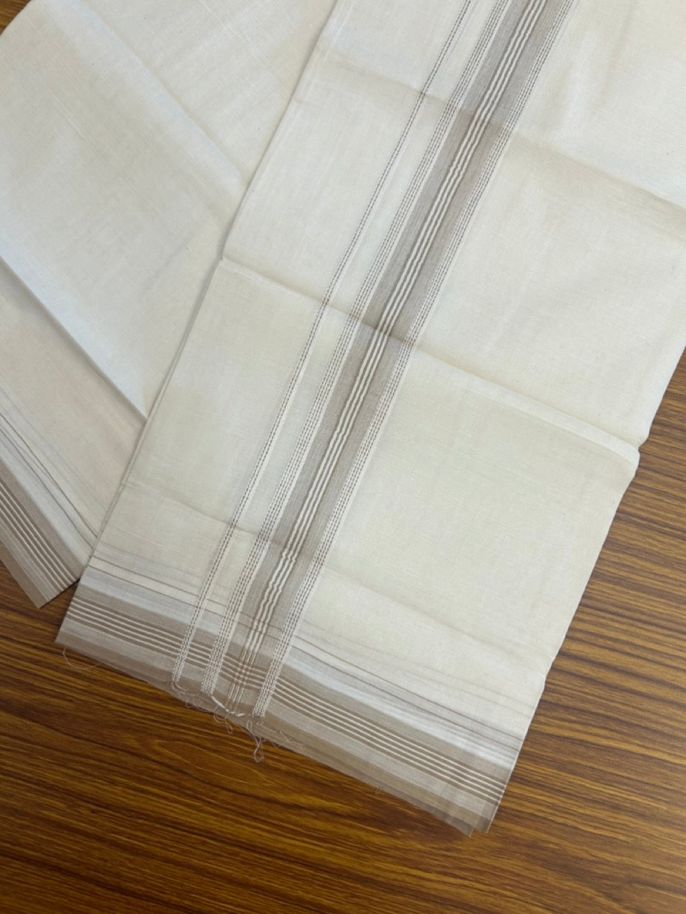 20% Discount! KaithariKada Balaramapuram 100% Cotton Off white Double Mundu/Dhoti - (100x80)S - 1.5 inch Beige Brown Striped Kara - 4mtr (8.5muzham) - 109 KK5255 VAS