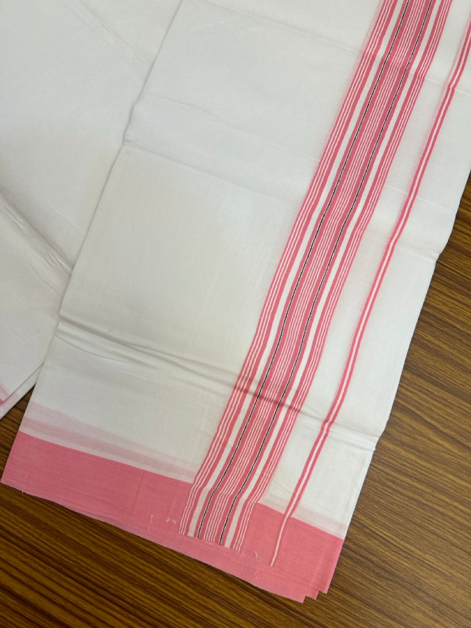 Pure White Double 20% Discount! KaithariKada 100% Cotton Pure Cotton Double Mundu / Dhoti - 100x80 - 2 inch Pink White Black Stripes Shaded Kara 3.80 meter (8 muzham) - 109 KK5220 THI