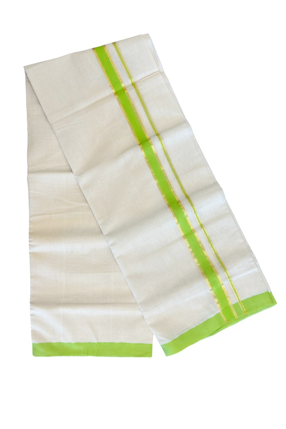 30% Discount KaithariKada HANDLOOM Unakkupaav Balaramapuram - 100% PURE Cotton Off White - (Unbleached) Double Mundu/Dhoti - 1.85 inch Kasavu & Light Green Kara- 11KK498KK