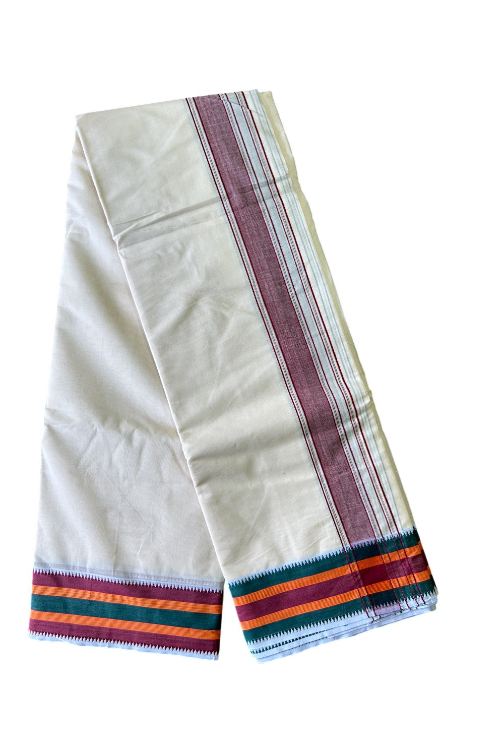 37% DISCOUNT! KaithariKada 100% Cotton Off White - (Unbleached) - Pure Cotton -100x100 thread - NORTH INDIAN - ATTACHED GAMCHA 10x6 Dhoti Maroon kara with Green Orange & Maroon border - 11KK5004PMC