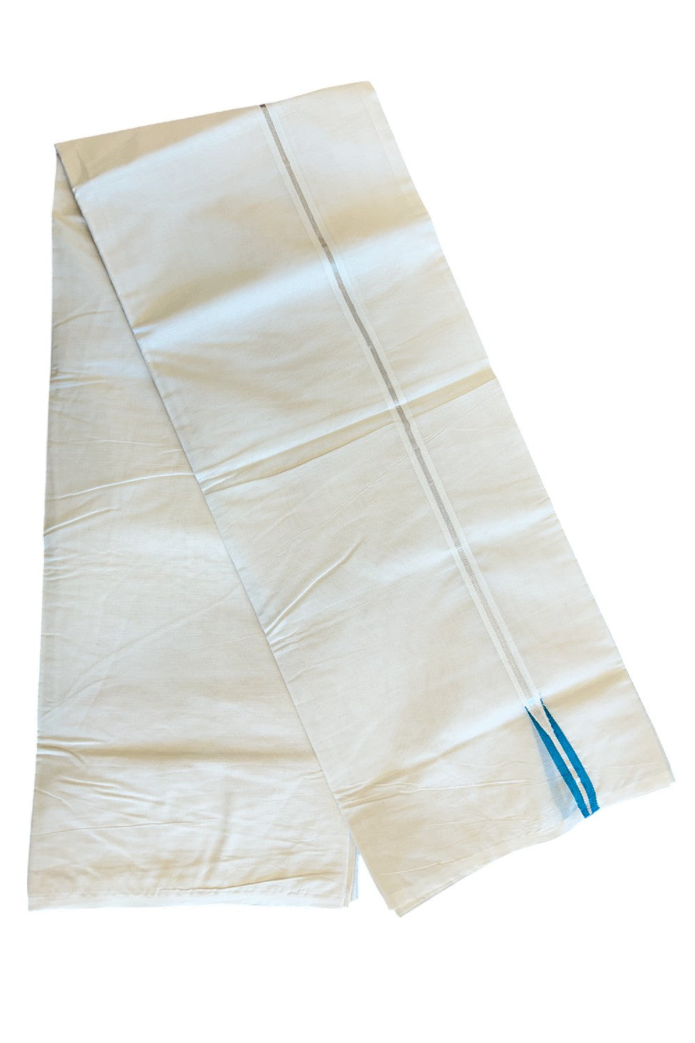18% Discount KaithariKada Balaramapuram 100% Cotton Double Off White - (Unbleached) - Mundu/Dhoti-100x100 - 1.5cm Silver Kasavu & Blue Green Chutty - 186