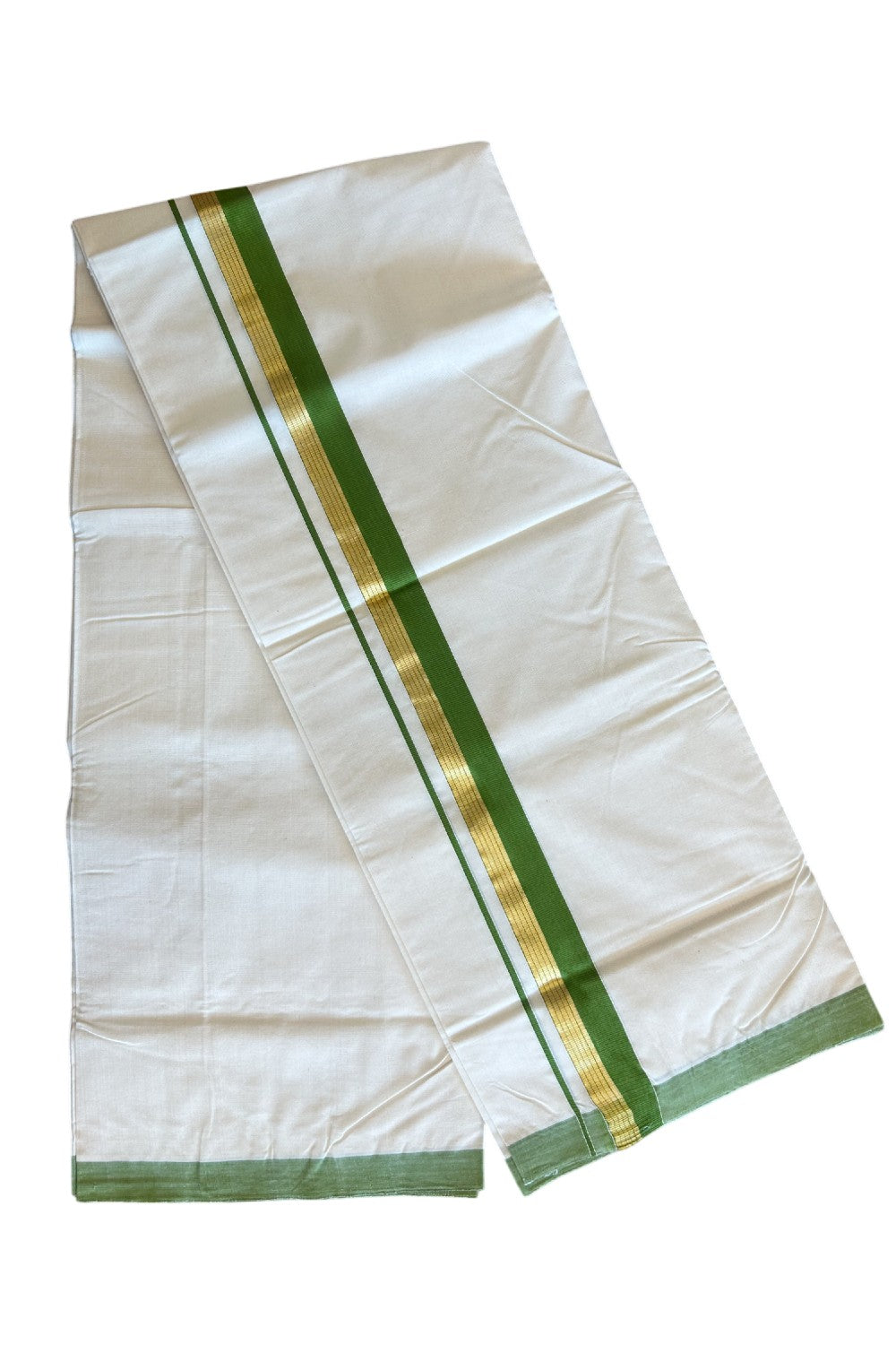 25% DISCOUNT! KaithariKada HANDLOOM Millpaav Balaramapuram - 100% PURE Cotton Off White (Unbleached)- Double Mundu/Dhoti - GREEN 1.5 inch KASAVU STRIPES KARA - 2.