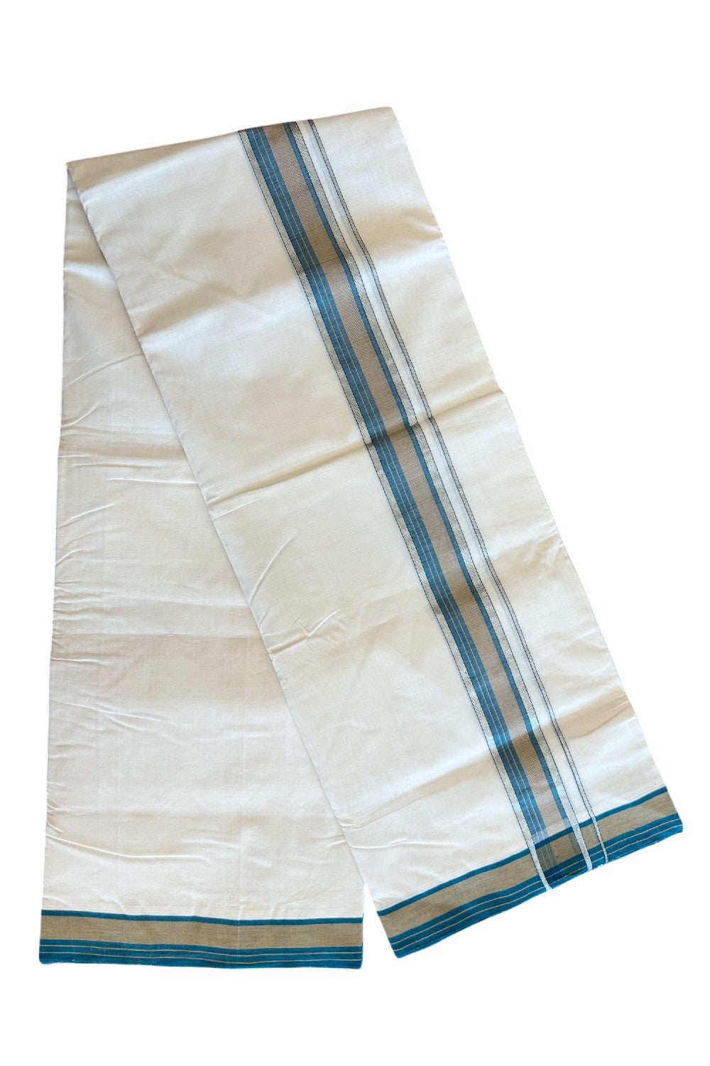 25% Discount !! KaithariKada HANDLOOM UNAKKUPAAV Balaramapuram - 100% PURE Cotton off white - (Unbleached) Double Mundu/Dhoti - 2.25 inch Silver kasavu Brown & Peacock Green Striped kara - 11KK5082RAM