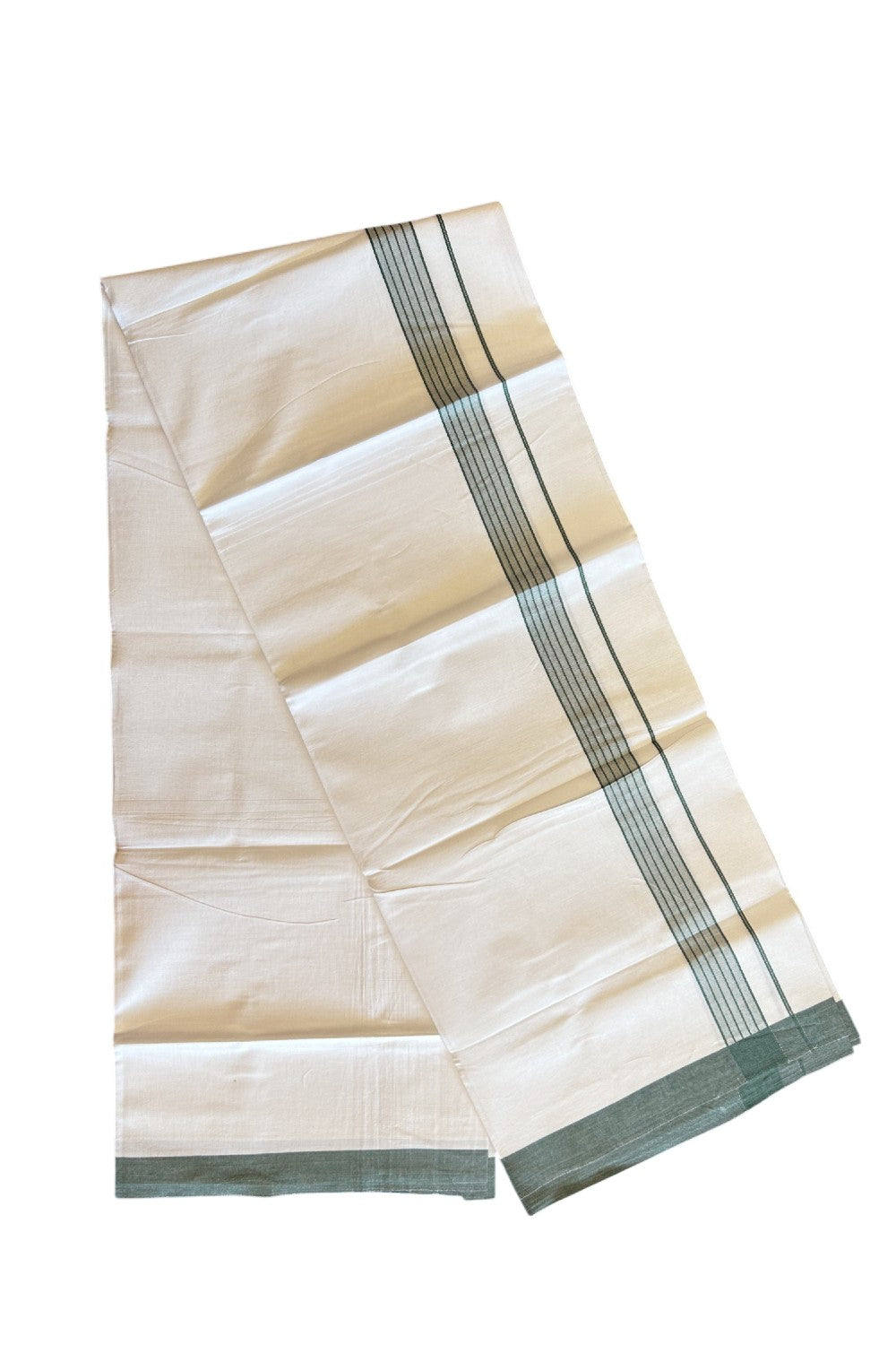 8% Discount ! Kaitharikada Balaramapuram 100% Cotton PURE WHITE SINGLE Mundu/Dothi - 1.75 inch Dark Green Striped Kara (2 meter / 4 muzham) - 11KK5018GAN