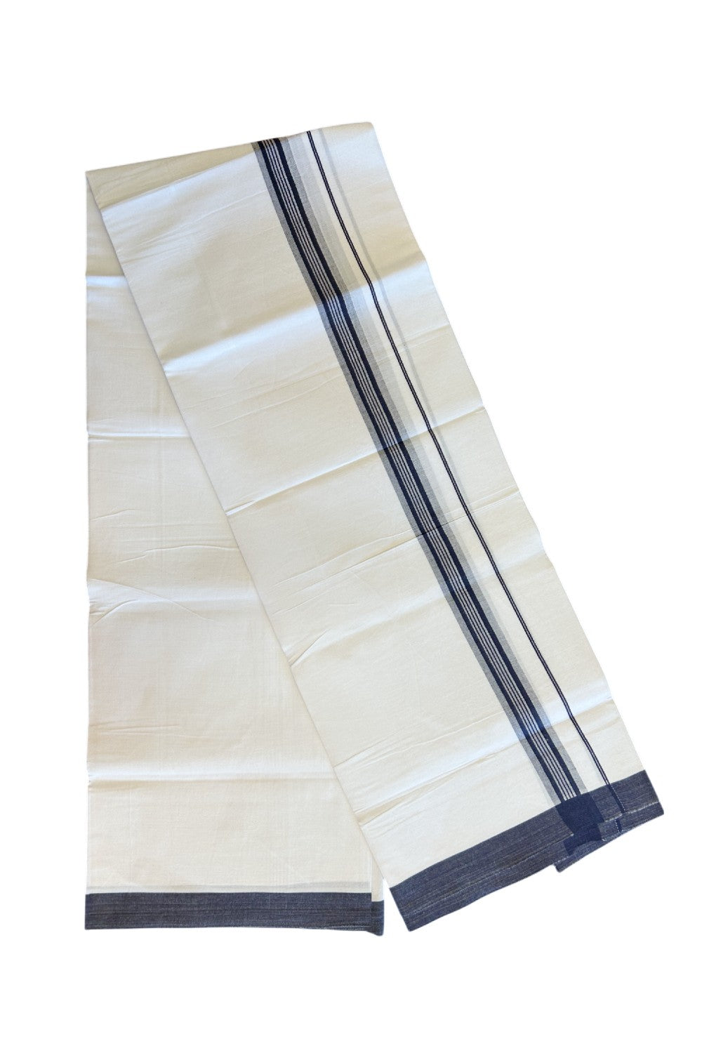 8% DISCOUNT ! KaithariKada Balaramapuram 100% Cotton Pure white Single Mundu/Dhoti - (40S) - 1.75 inch Navy Blue Striped Kara (2 meter / 4 muzham) - 11KK5115THI.