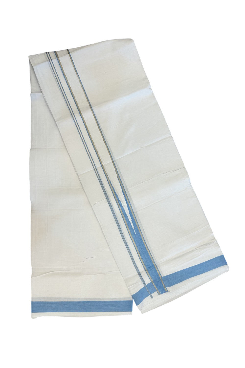 25% DISCOUNT! KaithariKada Balaramapuram 100% Mercerised Cotton Double ULTRA PURE white Mundu/Dhoti -120x120 - 1.25 inch Heavy Chutty Silver Kasavu & Light Blue Kara -11KK5139THI