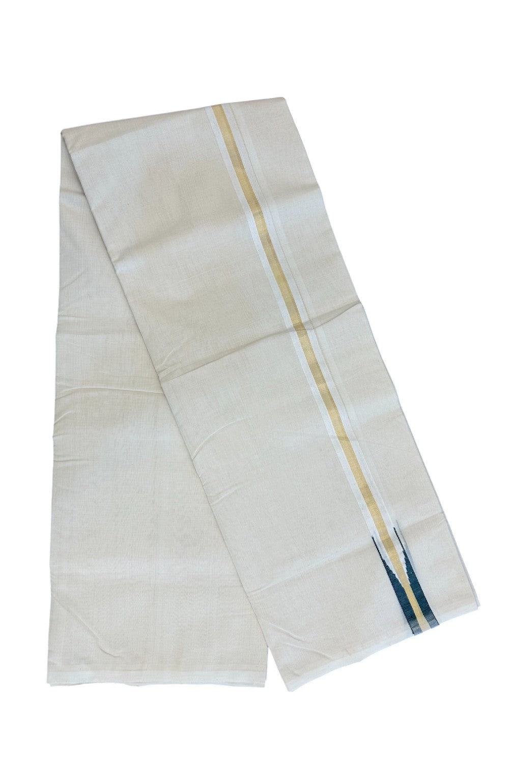 25% DISCOUNT!! KaithariKada HANDLOOM MILPAAV Balaramapuram - 100% PURE Cotton OFF White Double - (Unbleached) Mundu/Dothi - 100x100 - 1 Inch Kasavu Green chutty Kara - 11KK5177RAM