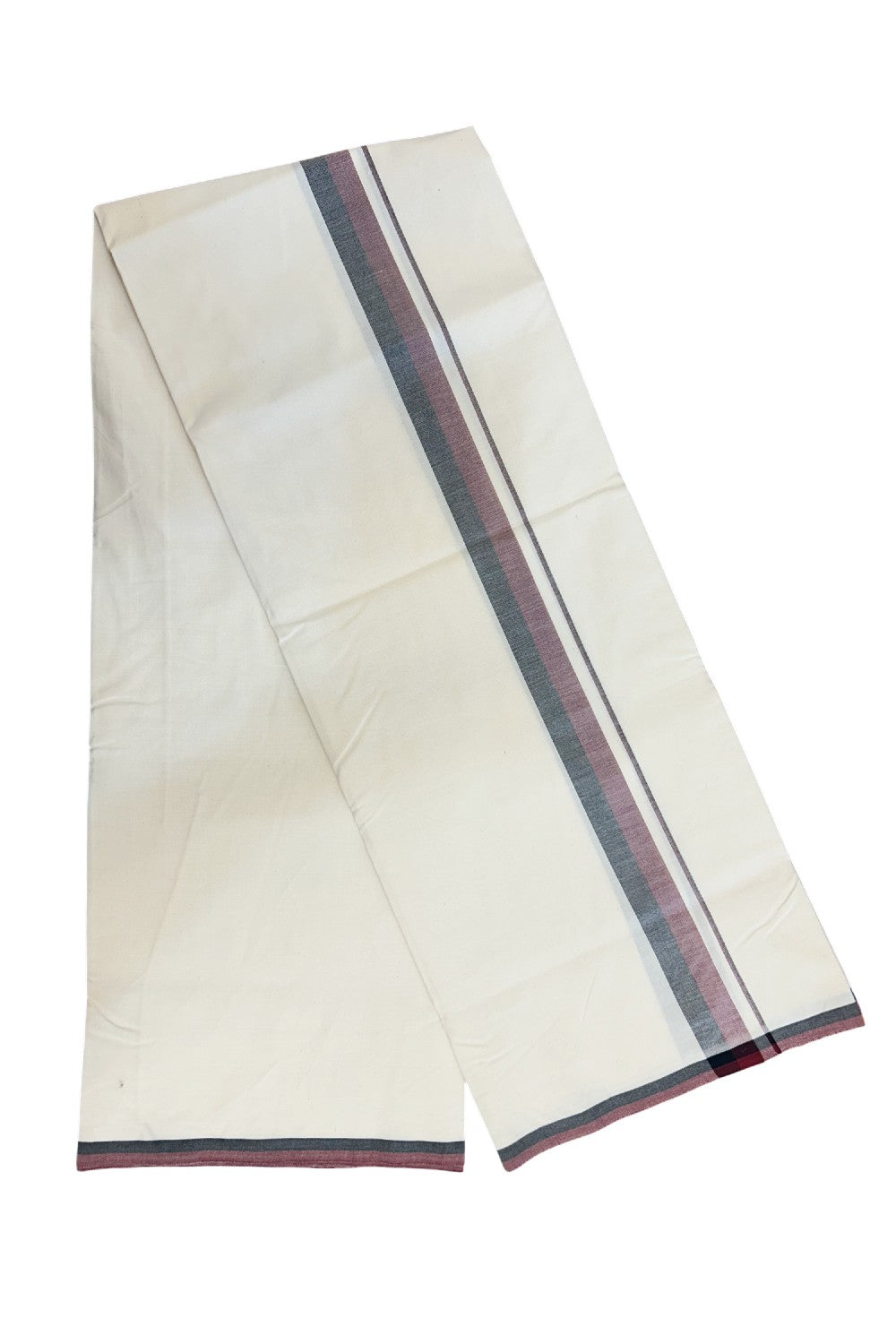 DMK Veshti - 10% DISCOUNT ! KaithariKada Balaramapuram 100% COTTON SINGLE OFF WHITE (Unbleached) Mundu/Dhoti-100X100 - 1.25 inch Puliyilakkara Maroon & Black Shaded Kara (2 meter / 4 muzham) - 11KK5178ASH