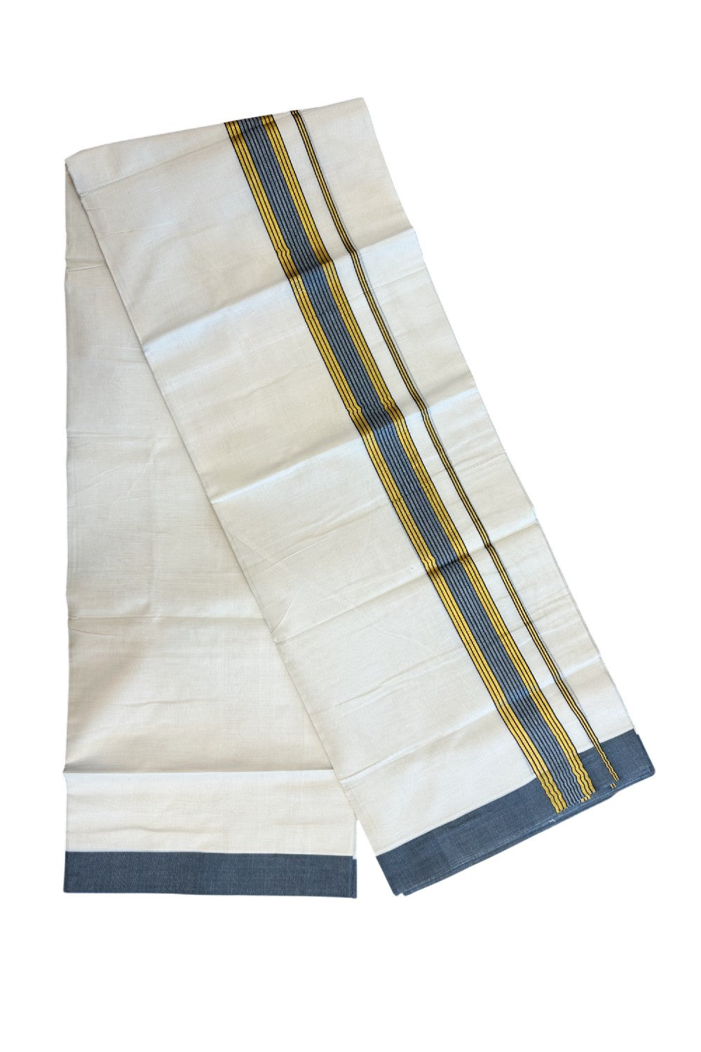 20% DISCOUNT! KaithariKada Balaramapuram Double OFF WHITE Mundu/Dhoti - 80x80- 1.5 Inch Gold Kasavu & Ash Blue Shaded striped Kara - 11KK5182VAS