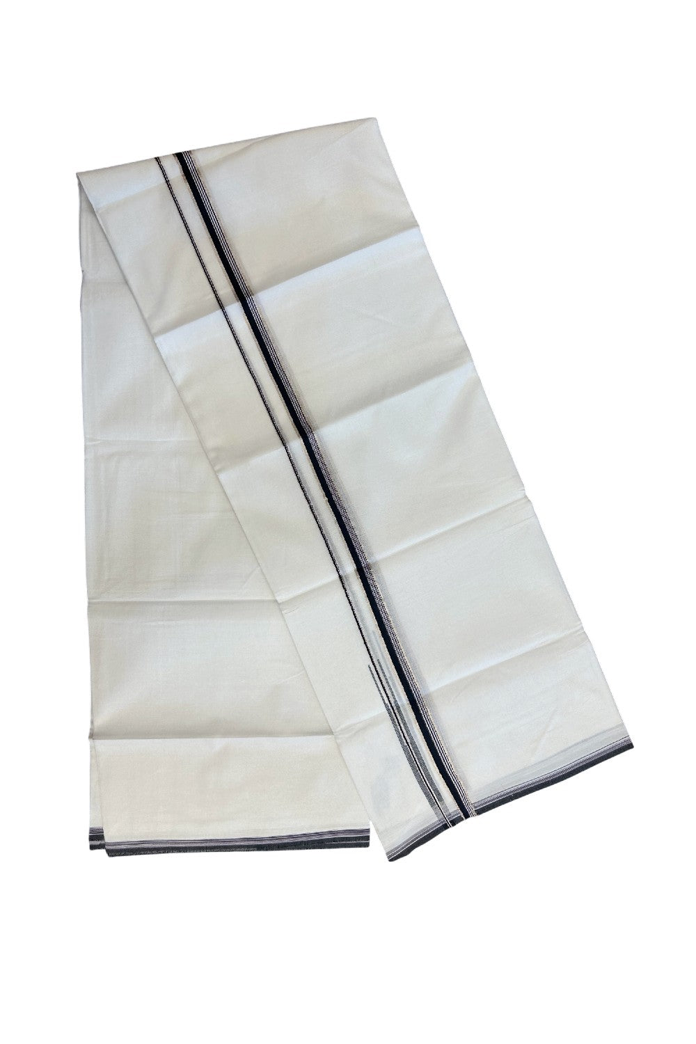 20% Discount !! Kaitharikada Balaramapuram 100% Cotton PURE WHITE DOUBLE Mundu/Dothi- 100X80 Thread - 0.5 inch - Silver Kasavu Navy Blue & Purple Design Chutty Kara - 11KK5184RAMS