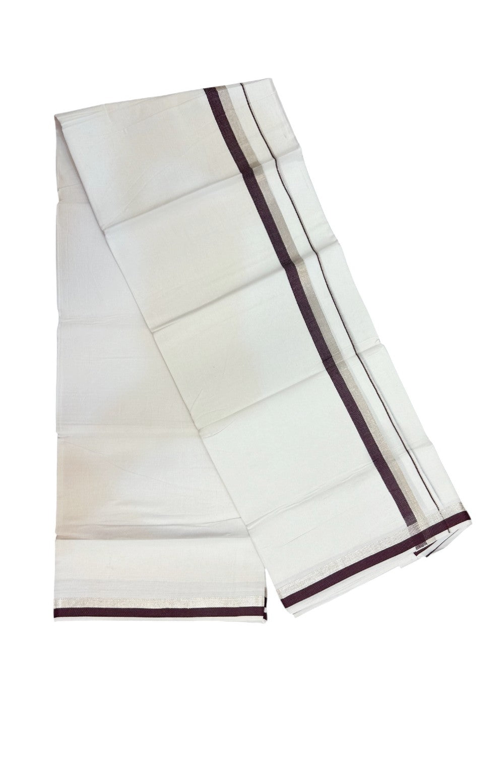 20% Discount !! Kaitharikada Balaramapuram 100% Cotton PURE WHITE Double Mundu/Dothi - 100x100 - 1 inch Silver Kasavu & Grape Wine Kara - 11KK5191CKS