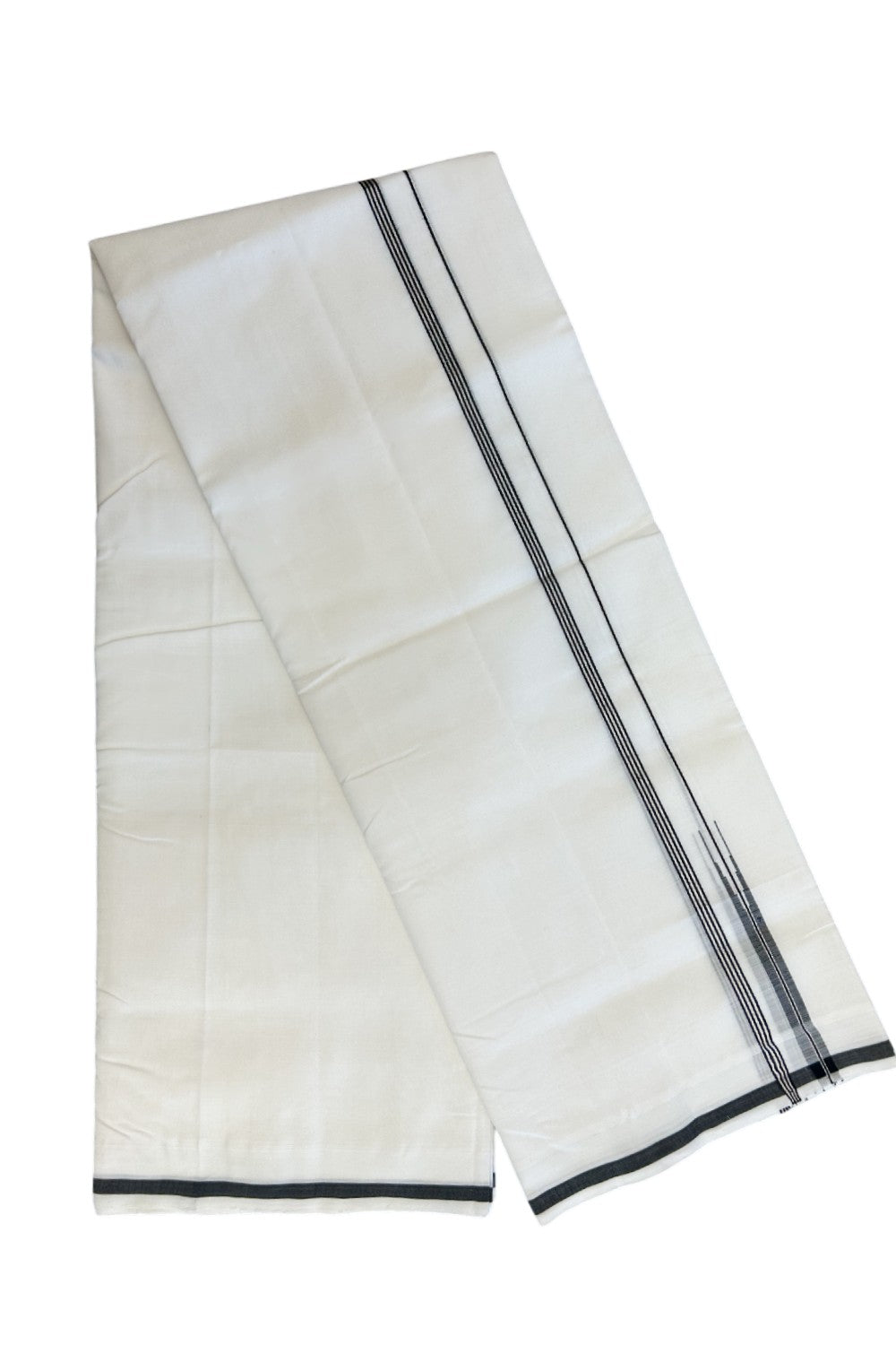 25% Discount!! NEW ULTRA PURE WHITE HANDLOOM Balaramapuram - 100% Mercerised Cotton Double Mundu/Dhoti - 120 twisted warp x 80s weft - 0.25 inch Puliyilakkara Black & Silver Kasavu Striped Chutty Kara- 11KK5200REA