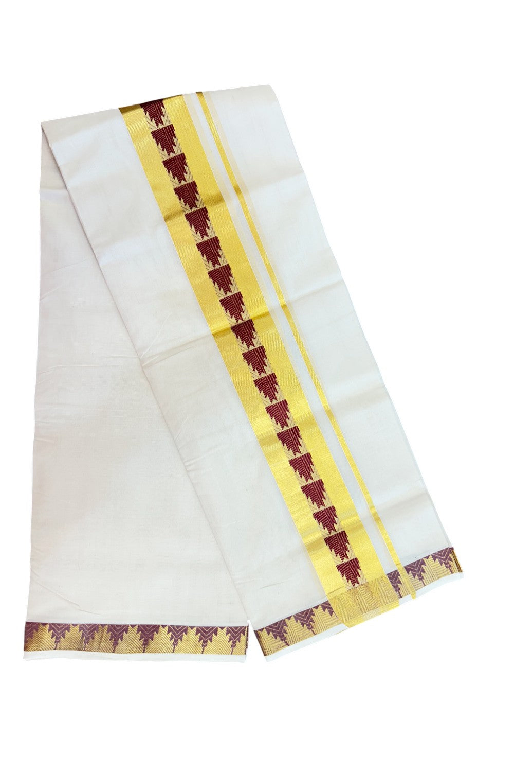 25% DISCOUNT ! KaithariKada HANDLOOM UNAKKUPAAV Balaramapuram - 100% PURE Cotton Off White - (Unbleached) Double Mundu/Dhoti - 2.75 inch Gold Kasavu & Maroon Temple Jacquard Design Kara - 11KK5208ABH