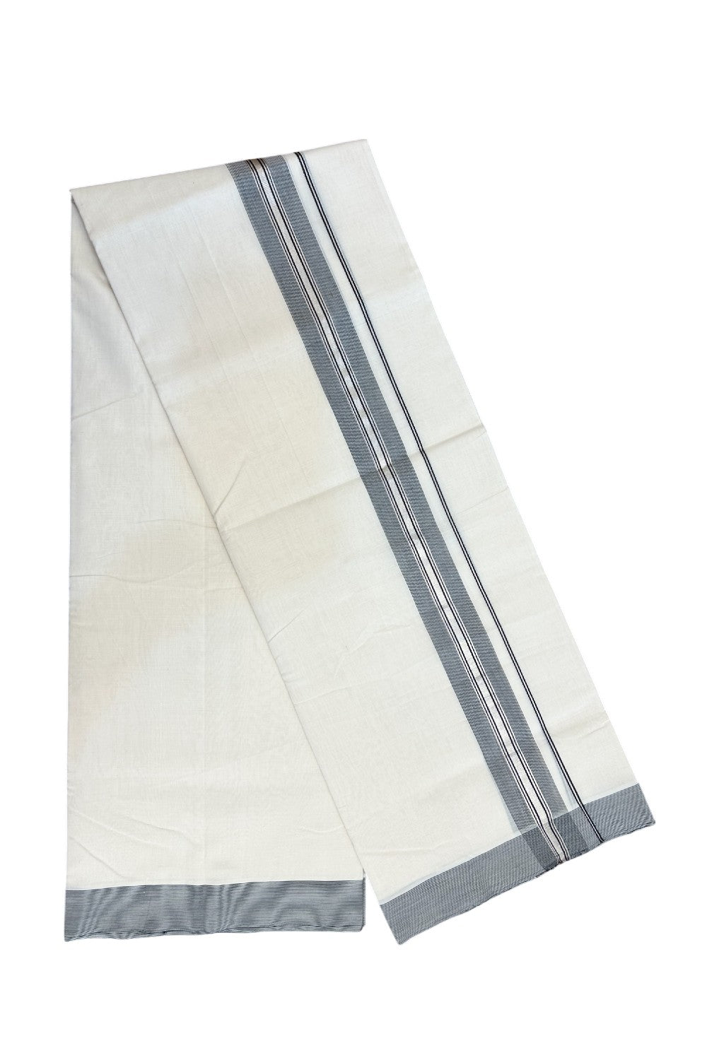 25% DISCOUNT!! KaithariKada HANDLOOM UNAKKUPAAV Balaramapuram - 100% PURE Cotton OFF White Double - (Unbleached)- Mundu/Dothi - 80X100 - 1.75 inch Black & Silver Kasavu Striped Kara - 11KK5209 REA