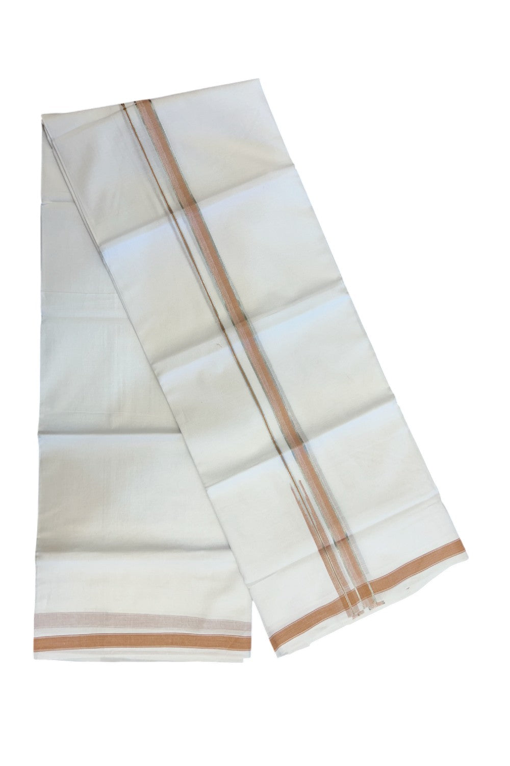 20% DISCOUNT!! Kaitharikada Balaramapuram 100% Pure Cotton PURE WHITE Double Mundu/Dothi - 100x80 - 0.75 Inch Pastel Orange & Silver shaded side Stipes Puliyilakkara Chutty - 11KK5217 CKS