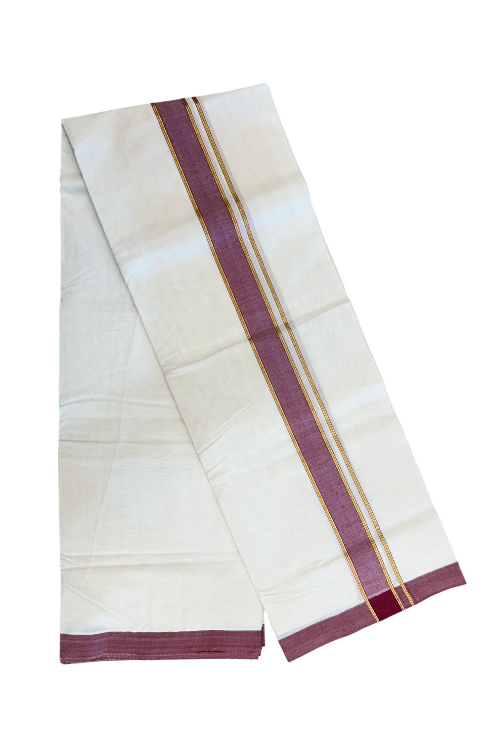 NEW !! 20% DISCOUNT!! KaithariKada Balaramapuram 100% Cotton Double Off white - (Unbleached) Mundu/Dhoti-100x80 - 1.5 inch Gold Kasavu & Maroon Shaded Striped KARA - 3.75 mtr (8 Muzham) - 11KK5218 ASH