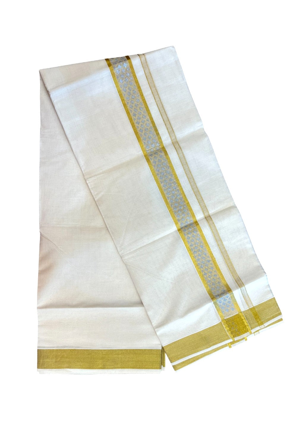 22% Discount!! KaithariKada Balaramapuram 100% Cotton DOUBLE OFF WHITE - (Ubleached) Mundu/Dhoti - 80x90 - 1.5 inch Gold Kasavu with Silver Printed Design Kara - 11KK5219 GAN