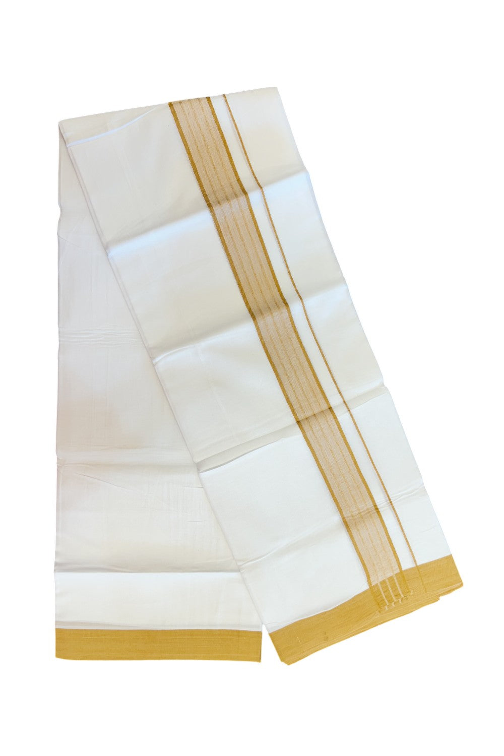 20% DISCOUNT!!! KaithariKada Balaramapuram 100% Cotton DOUBLE PURE WHITE Mundu/Dhoti - 100X80 - 1.75 Inch Yellow Orange Shaded Stripes kara 3.75 mtr (8 muzham) - 11KK5220 THI