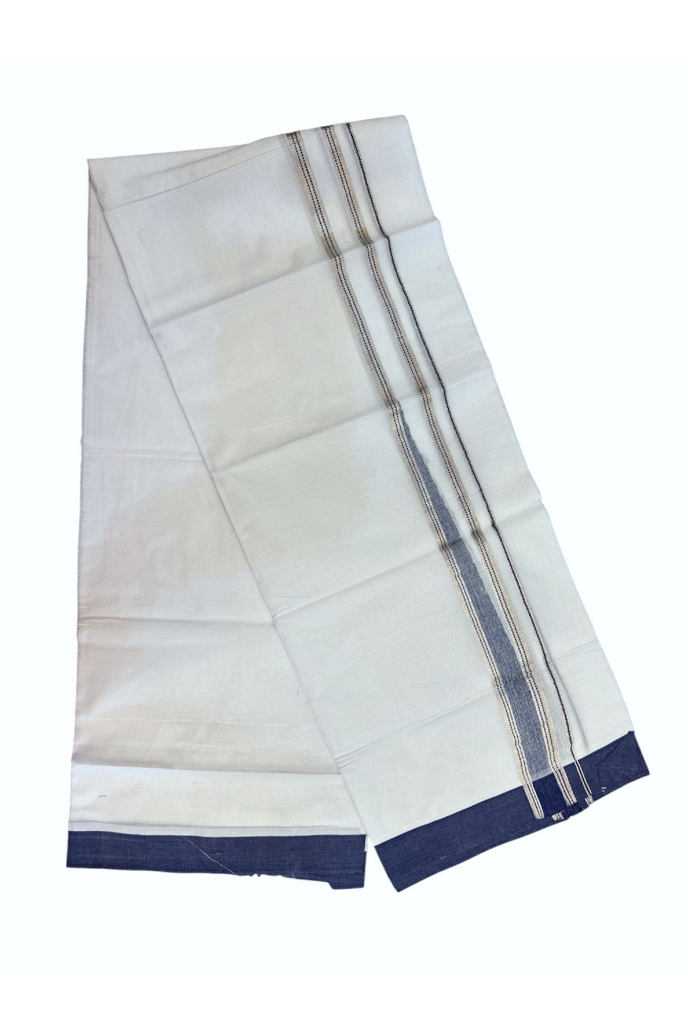 20% Discount ! Kaitharikada Balaramapuram 100% Cotton PURE WHITE DOUBLE Mundu/Dothi - 100x100 - 1.25 inch Puliyilakkara Navy Blue & Silver Kasav Stripes Chutty Kara 4 mtr (8.5 muzham) - 11KK5221 GAN