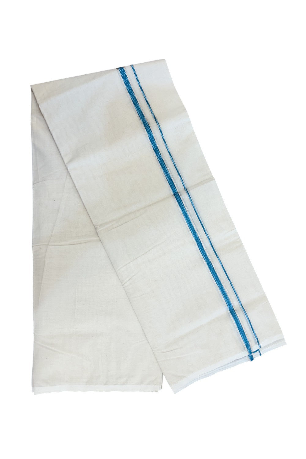 20% Discount KaithariKada Balaramapuram 100% Cotton Double Off white - (Unbleached) - Mundu/Dhoti - 100x100 - 1.5 cm Silver Kasav & Blue Design Kara - 11KK5226 ASH