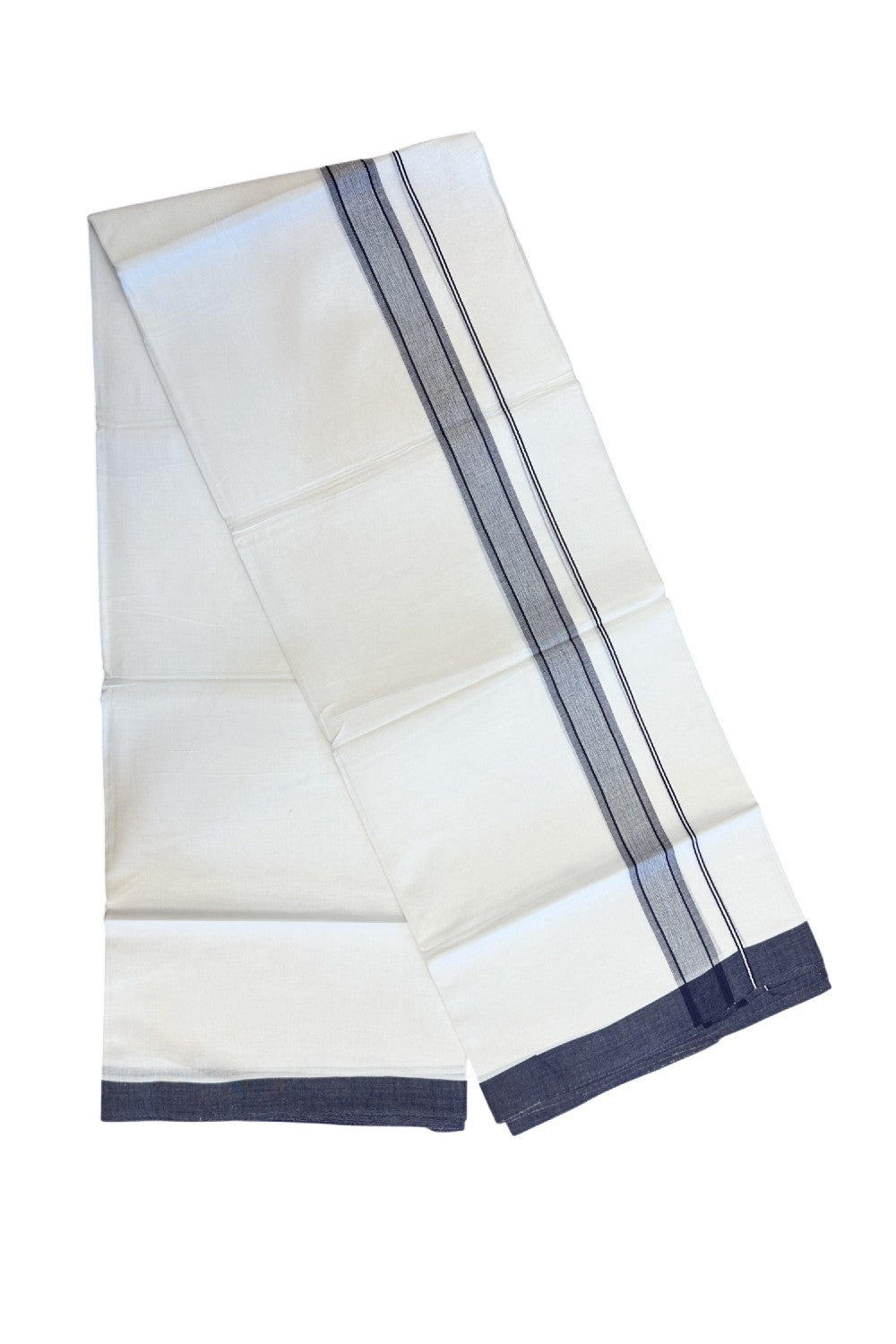 32% DISCOUNT! KaithariKada Balaramapuram 100% Cotton Double Pure white Mundu/Dhoti-( 60s ) - 1.25 inch Navy Blue Shaded Kara - 3.86mtr ( 8 muzham) - 11KK5227 PMC