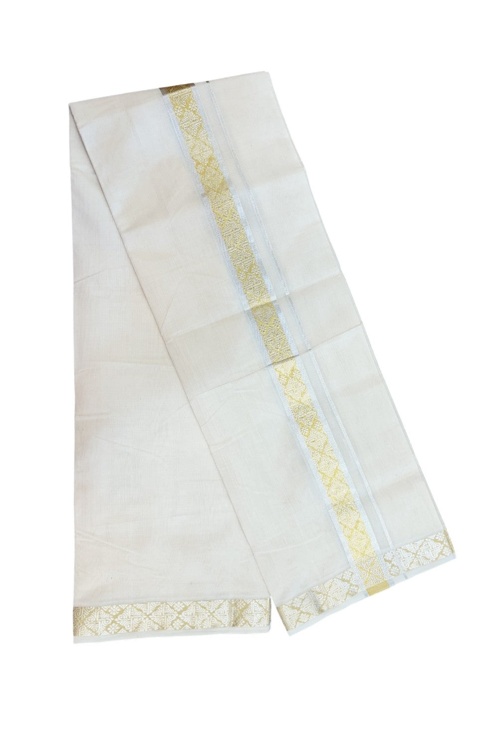 25% DISCOUNT ! KaithariKada HANDLOOM Unakkupaav Balaramapuram - 100% PURE Cotton OFF WHITE - (Unbleached) Double Mundu/Dhoti - 100x80 - 1.5 inch Gold Kasavu & Silver Jacquard Design Kara 3.80 meter (8 Muzham) - 10KK5231 ABH
